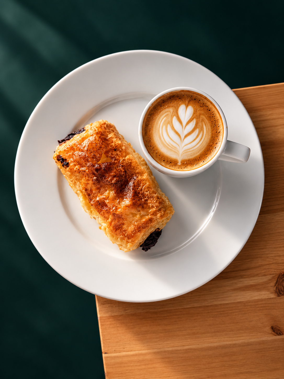 Café con latte art y bollería en mesa de madera