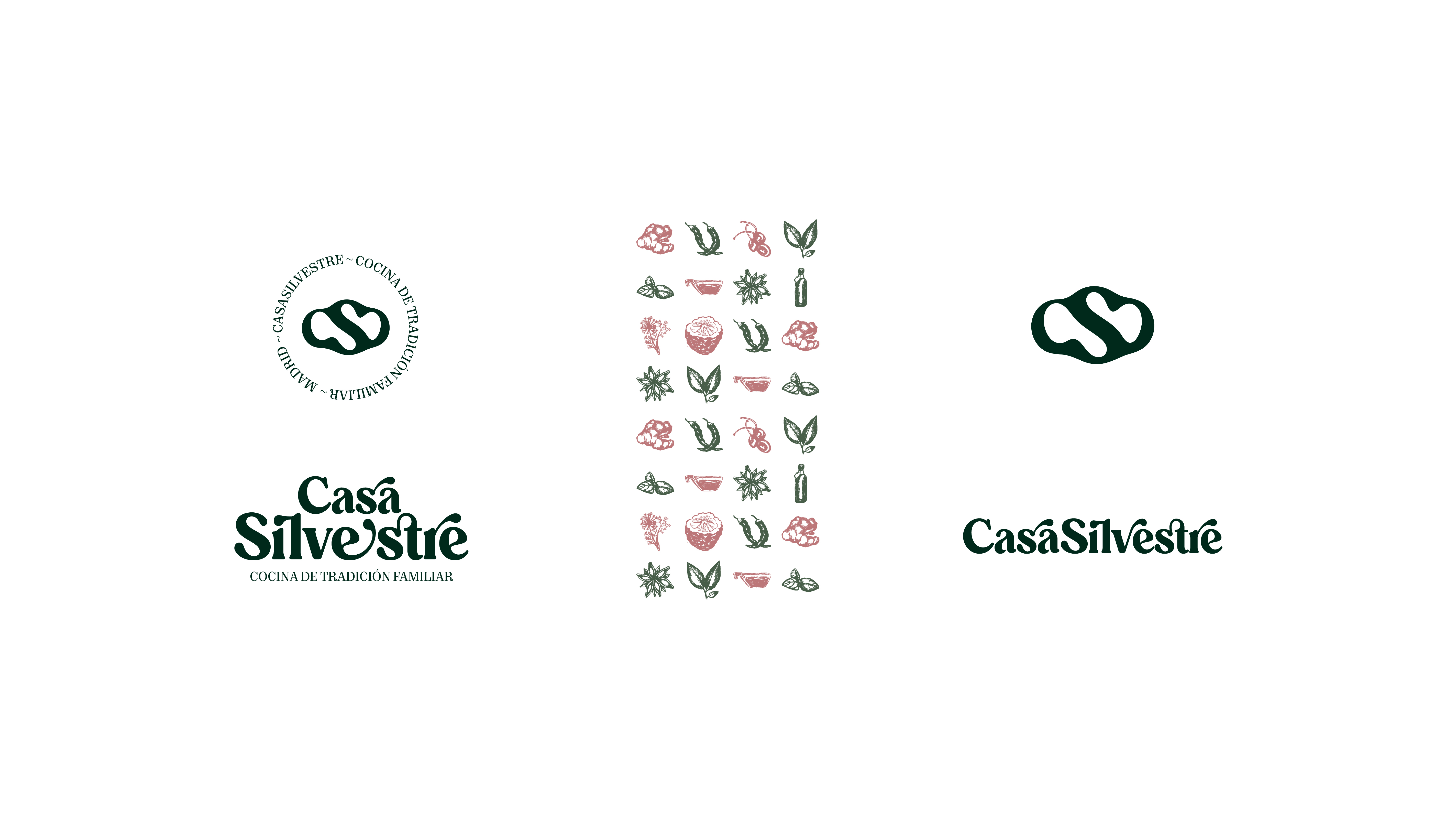 Composición original de marca Casa Silvestre con logotipos, sello e ilustraciones de elementos gastronómicos